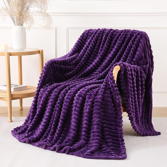 Deep Purple Throw Blanket for Couch Sofa 50x70 inches Striped Design | Fleece Blankets Room Home Decor Lightweight Plush Soft Cozy Gifts for Women Mom