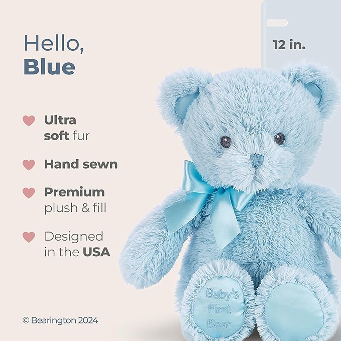 Bearington Baby's First Teddy Bear Plush, Blue, 12 Inch Blue Stuffed Animal - Teddy Bear Stuffed Animal
