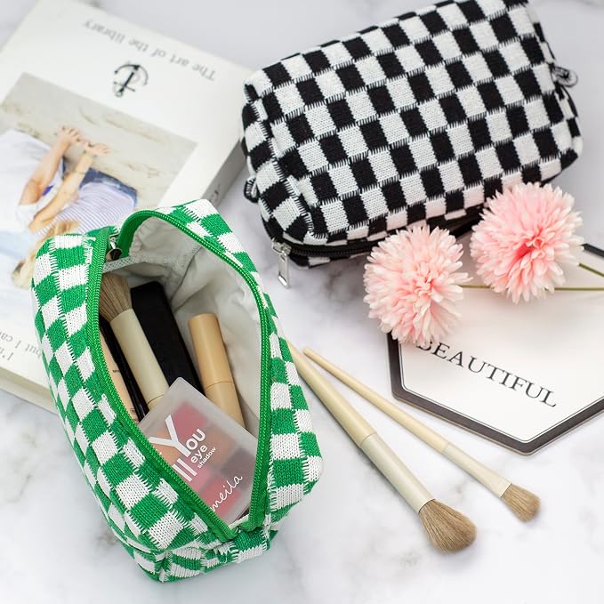 PAZIMIIK Checkered Makeup Bag for Purse Portable Zipper Make Up Pouch Small Cosmetic Case for Travel Accessories (Green)