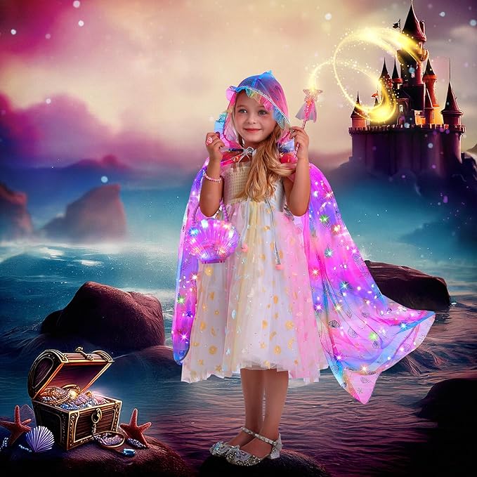 Fedio Mermaid Toys Princess Dress up for Girls,Mermaid Light Up Princess Cape Set,Toddler Dress up Toys Christmas Birthday Halloween Gifts for 3-8 Years Old