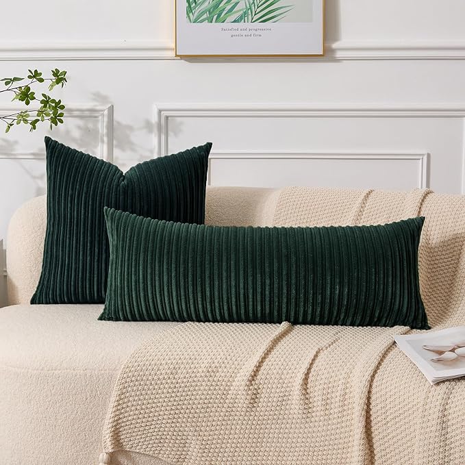 UGASA 14x36 Inch Christmas Pillow Cover Pack of 1 Soft Boho Stripe Corduroy Large Long Rectangle Lumbar Cushion Case Decorative Pilowcase for Bed, Couch, Sofa, Bedroom, Living Room, Dark Green