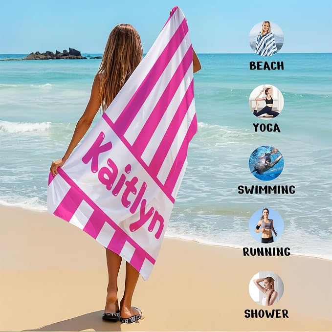 JML Personalized Beach Towel with Name, Custom Cabana Stripe Beach Towel, Customized Microfiber Pool Towel, Quick Dry & Absorbent Swim Towel for Adult,Anniversary, Birthday, Summer Holiday,Vacation
