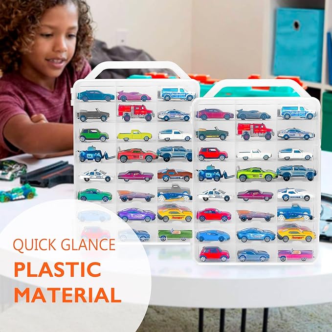 Double Sided Toy Car Storage Case for 48 Toy Cars, Matchbox Cars, Mini Toys, Small Dolls, Portable Storage Case for Toy Cars, Matchbox Cars with 46 Slots, Case Only (Transparent-2 Pack)