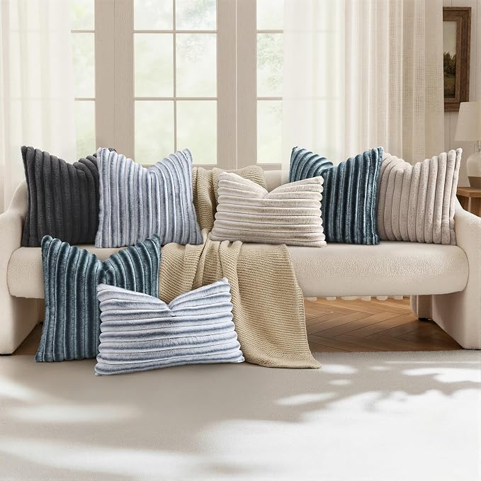 decorUhome Fall Faux Fur Throw Pillow Covers 12x20 Set of 2 Grey White | Decorative Soft Cozy Striped Plush Modern Farmhouse Boho Couch Pillow Cases Velvet Back for Sofa Bed Living Room Home Decor
