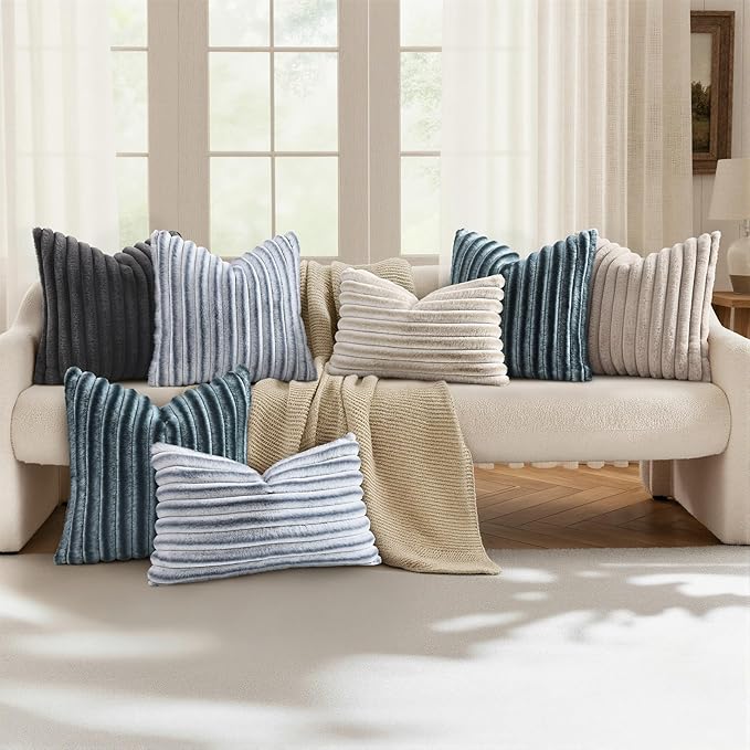 decorUhome Fall Faux Fur Throw Pillow Covers 26x26 Set of 2 Grey White | Decorative Soft Cozy Striped Plush Modern Farmhouse Boho Couch Pillow Cases Velvet Back for Sofa Bed Living Room Home Decor