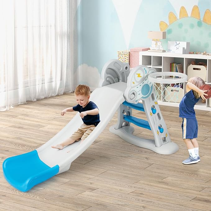 INFANS Toddler Slide, 3 in 1 Foldable Kids Slide Indoor Slideway with Basketball Hoop, Outdoor Climber Freestanding Playset, Extra Long Slipping Slope Sturdy Plastic Playground Toy