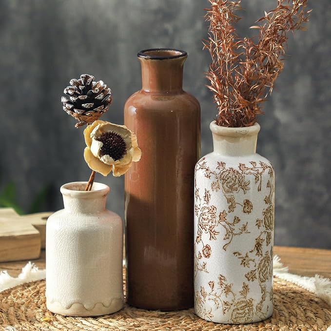 Vintage Vase Set of 3, Ceramic Vintage Flower Vases, Chinoiserie Decorative Home Decor Retro Floral Vase Rustic Farmhouse Decor for Table Bookshelf Mantel Kitchen Living Room Office - Brown