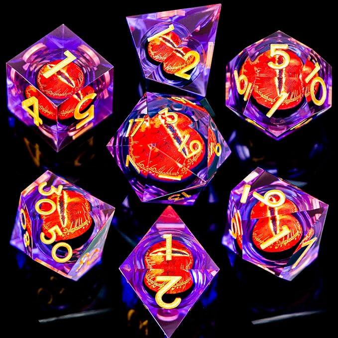 ARUOHHA DND Resin Dice Gazes Eye Dice Purple Gold Liquid Core Flaming RPG Sharp Edged Dice Set with Gift Box, Polyhedral D and D Dice Set Compatible with Dungeons Dragons Role Playing Game D20 D6