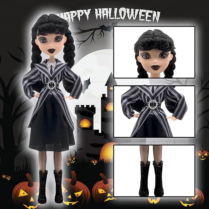 Dumwick 9'' Adams Doll with Gift Box, High Heels, Black Dress, and Hair, Perfect Christmas and Birthdays Toy Gift for Girls & Fans (Braces + Stripes)