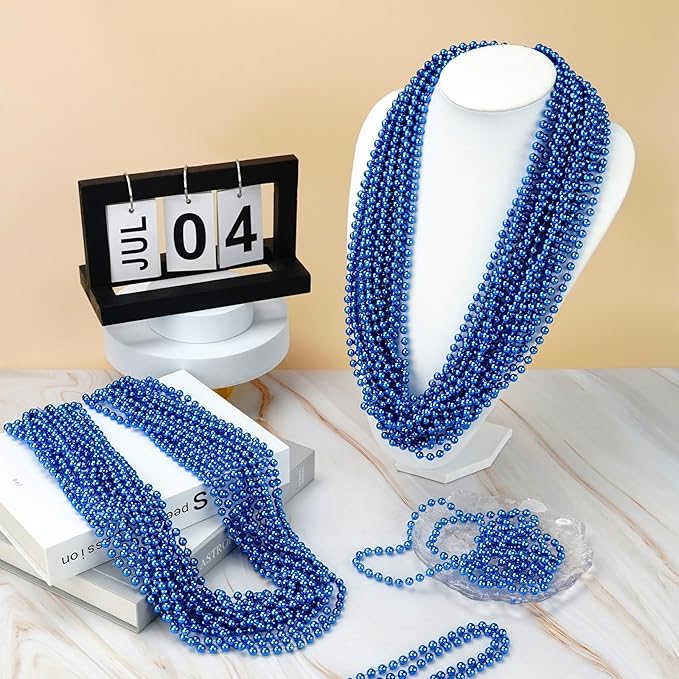 YAXINRUI 120 PCS Blue Bead Necklaces, Blue Mardi Gras Christmas Bead Necklaces, Patriotic Necklace, 33 Inch Round Beaded Necklace for Mardi Gras Christmas 4th of July Festive Events