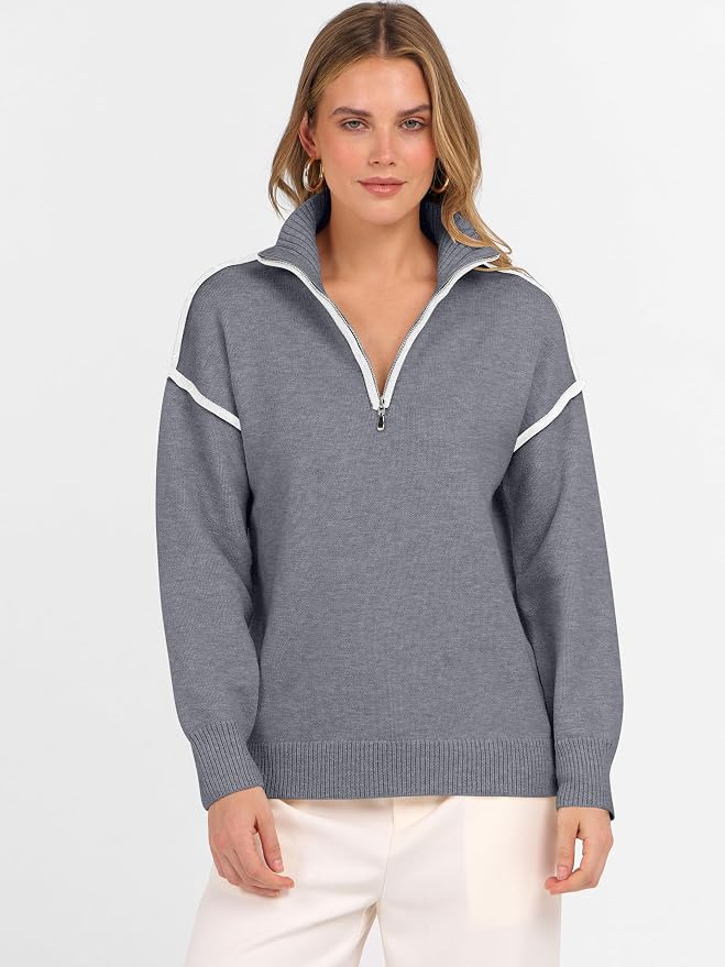 ANRABESS Womens Quarter Zip Sweaters Fall Long Sleeve V Neck Shirts Collared Business Casual Tops Knit Pullover Sweatshirts