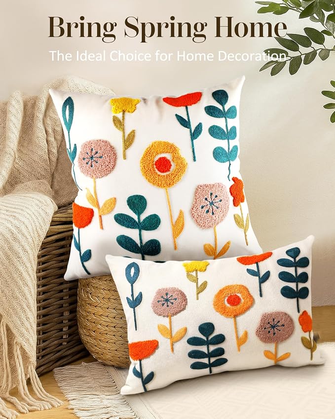 Embroidered Throw Pillow Cover - 20x20 Decorative Pillow Cover with Zipper Aesthetic Cute Design Boho Spring Summer Cozy Throw Pillowcase for Living Room Couch Sofa Bed, Plants