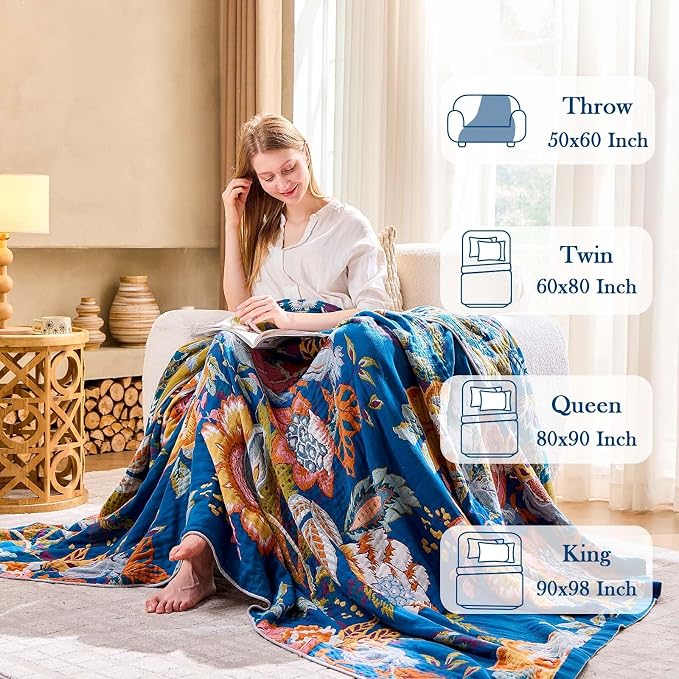 XIBLC Boho Throw Blanket, Blue Lightweight Blankets for Summer, 100% Cotton Bohemian Decorative Throw Blanket, 60"x80" Reversible Muslin Breathable Woven Farmhouse Blankets Quilt,