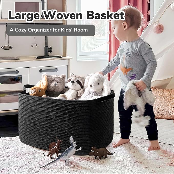 Goodpick 85L Large Woven Rope Blanket Basket, Rectangle, Black | 23.6'' x 15.7'' x 13.8'' Storage Basket for Blankets, Pillows & Toys, Living Room & Bedroom Organization, Reinforced Handles