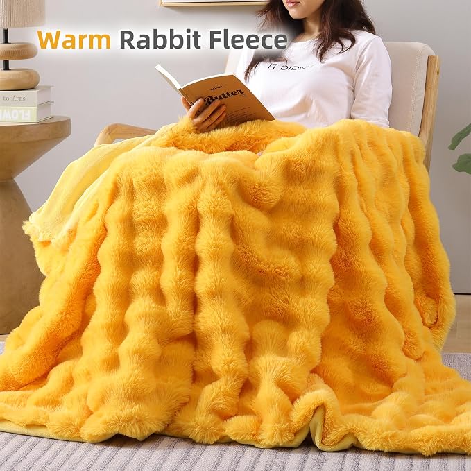 Faux Fur Throw for Couch - Mustard Yellow Bubble Blanket 60"x80" | Fluffy Plush Fuzzy Throw for Sofa & Bed, Super Soft Cozy Comfrt Blanket, Luxury Aesthetic Yellow Decor Gift for Women