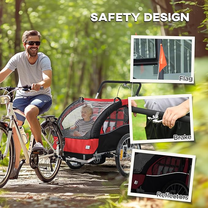 Aosom Elite 360 Swivel Bike Trailer for Kids Double Child Two-Wheel Bicycle Cargo Trailer with 2 Security Harnesses