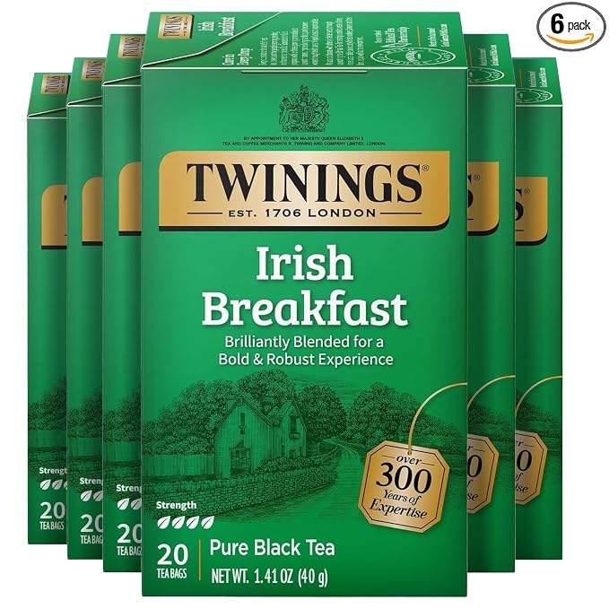 Twinings Irish Breakfast Black Tea Individually Wrapped Bags, 20 Count (Pack of 6), Flavourful, Robust Black Tea, Caffeinated, Enjoy Hot or Iced, 120 Teabags