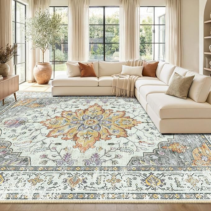 RELEANY Area Rugs 8'x10' Washable Non-Slip, Floral Vintage Distress Medallion Carpet for Living Room Bedroom Dining Room, Beige Carbon Grey Orange