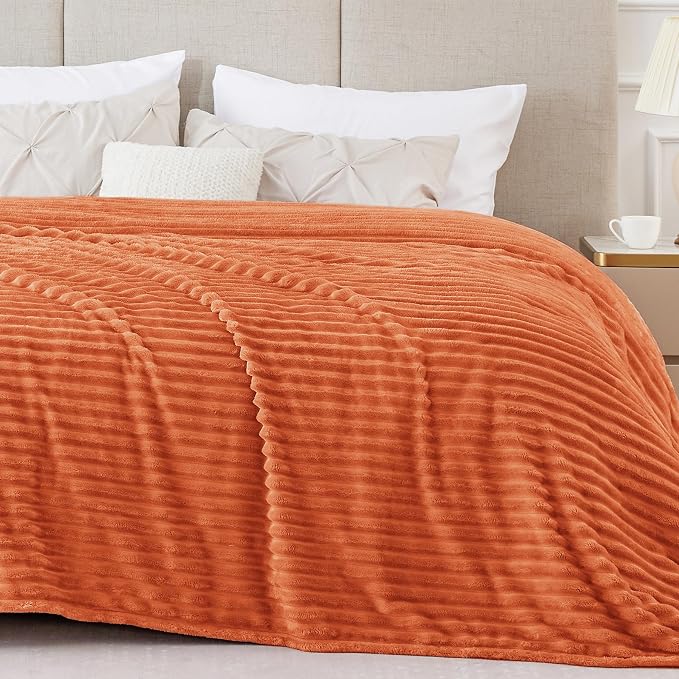 BEDELITE Ribbed Jacquard Burt Orange King Size Blanket for Bed, 108x90 Inch | Soft Warm Decorative Fluffy Blanket, Cozy Fuzzy Lightweight Plush Fleece Throw Blankets for Bed, Room Decor, Gift for Women