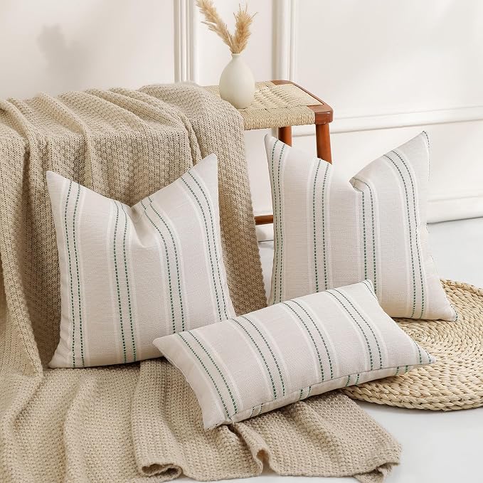 Hckot Sage Green Throw Pillow Covers 22x22 Set of 2 Striped Pillow Covers Spring Decorative Pillows Square Cushion Covers for Sofa Couch Bed Living Room Farmhouse Decor,Green