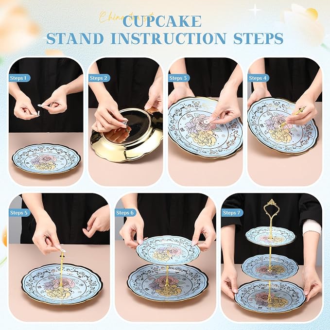 21 Pcs Ceramic Teapot Set Vintage Porcelain Tea Cups with Metal Holder and High Tier Cupcake Stand Saucers for Women Girls Farmhouse European Weddings Party Decor Gifts(Blue,Elegant)
