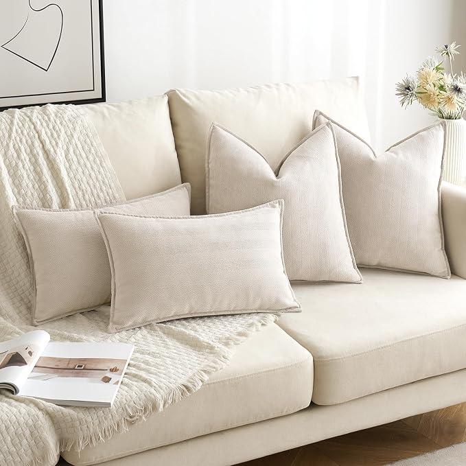 MIULEE Pack of 2 Cream Beige Decorative Chenille Pillow Covers 18x18 Inch | Soft Couch Throw Pillows,Farmhouse Cushion Covers with Elegant Design for Sofa,Bedroom,Living Room,Spring Home Decor