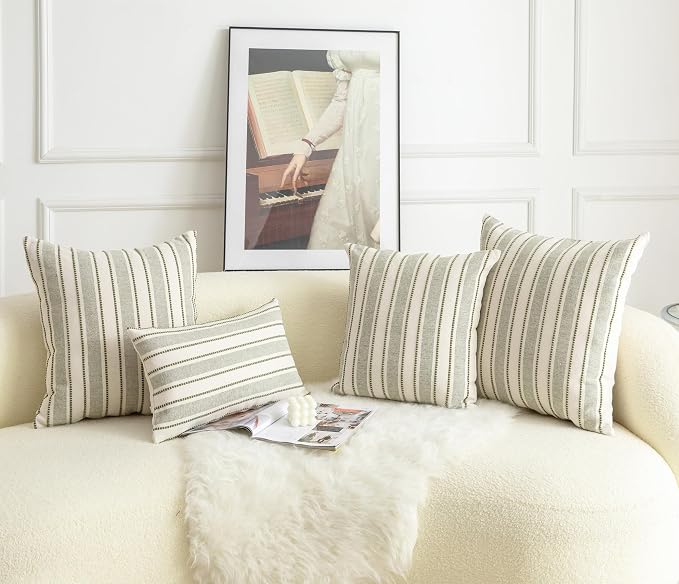 Cethom Decorative Boho Throw Pillow Covers, Farmhouse Textured Pillow Case, 22 x 22 Inch Set of 2, Chair Sofa Bedroom Living Room Home Decor Couch Cushion Case, Olive Green and Beige Striped