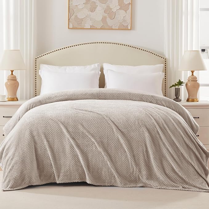 Exclusivo Mezcla Soft Waffle Fleece Bed Blanket Queen Size, Tan | Lightweight Plush Blanket for Bed, Bedroom, Cozy Flannel with Waffle Texture, Stylish Home Decor, All Season, 90x90 Inches