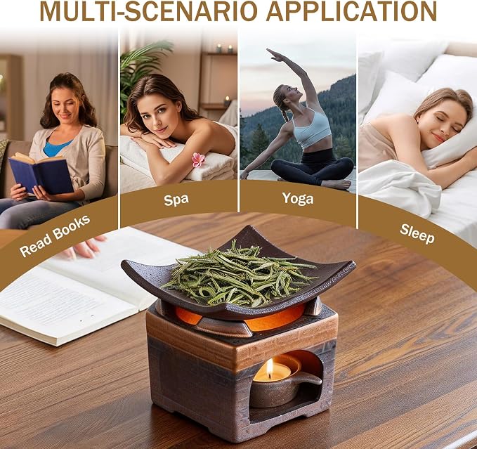 Handmade Ceramic Aromatherapy Diffuser,Herb Burner & Candle Wax Warmer with Tealight Holder, Home Fragrance Accessories for Relaxation & Meditation-B