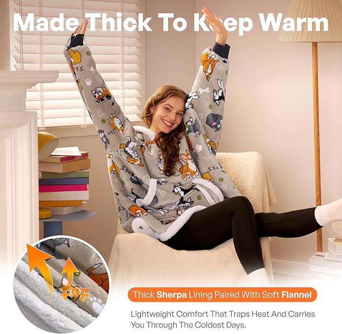 Giggling Getup Wearable Blanket Hoodie for Adults Gifts for Teen Girls Sister Women Sherpa Fleece Printed Hooded Blanket Sweatshirt Warm Cozy with Pocket & Sleeves Grey Dog