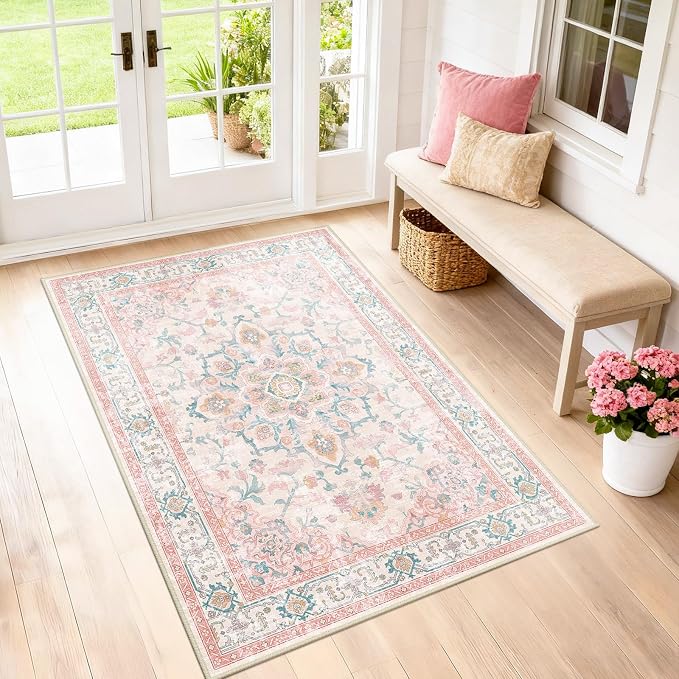 CAPALOCA 3x5 Washable Nursery Girls Low Pile Area Rug Pink Teal | Non-Slip Soft Rugs for Bedroom Kids Playroom Living Room, Print Pattern Water Repellent Carpet Indoor Decor