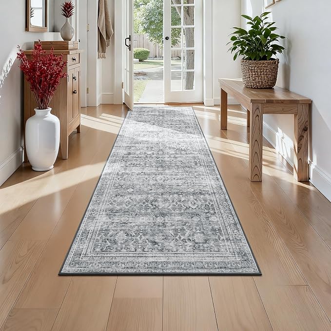 Lofus 2X6 Area Rugs for Hallways, Grey Washable Non-Slip Kitchen Runner Rug | Low Pile Runner Rugs, Soft Carpet for Kitchen Bathroom Bedroom Laundry, Stain Resistant, Low Pile, Vintage Distressed Rug
