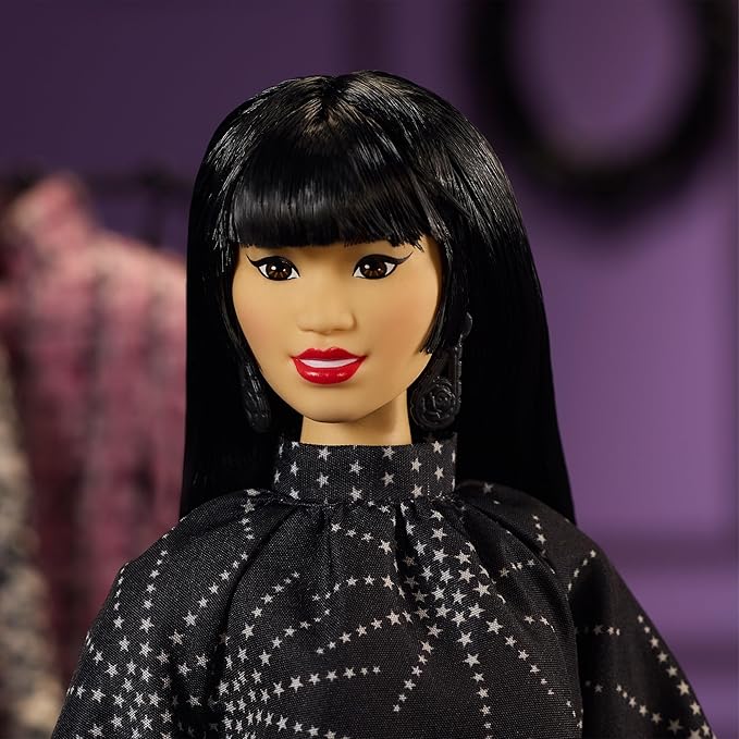 Barbie Inspiring Women Anna Sui Doll Collectible in Boho Chic Black Dress Outfit with Boots, Sunglasses, & Perfume Accessory