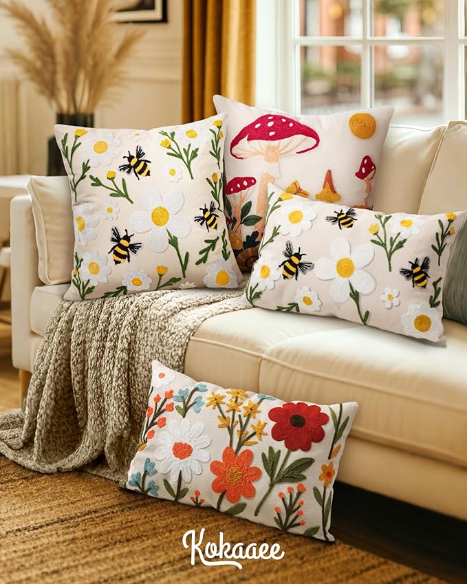 Embroidered Lumbar Pillow Cover 20x12 Inch, Flower Cluster | Decorative Throw Pillow Cover, Floral Farmhouse Cushion Case with Hidden Zipper, Home Decor for Couch, Sofa, Living Room