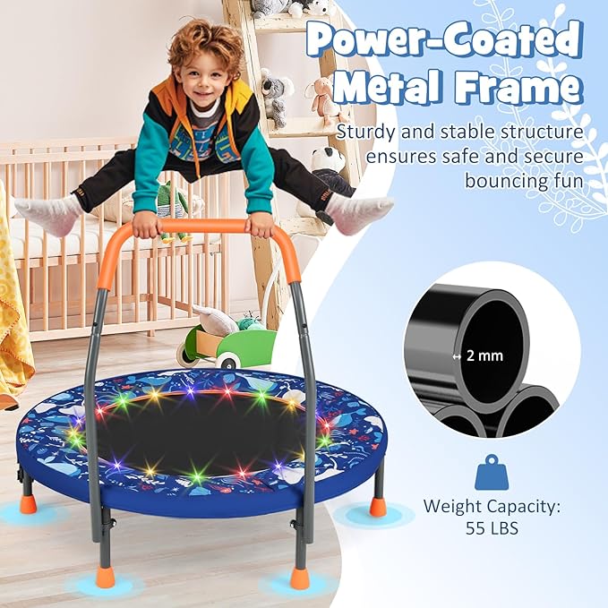 GYMAX 36” Toddler Trampoline with Lights, Folding Springless ASTM Approved Small Kids Rebounder with Foam Handle, Safety Padded Cover & Foldable Legs, Mini Indoor Baby Trampolines