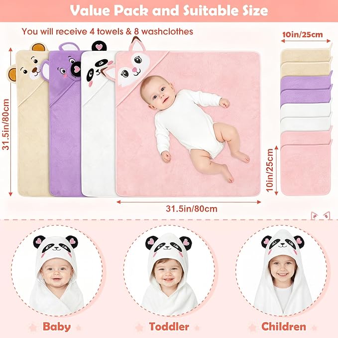 12 PCS Baby Bath Towels Set for Infants Toddlers, 4 PCS Animal Hooded Baby Towels & 8 PCS Washcloths Set, Ultra Absorbent Newborn Bath Essentials Gifts for Boys & Girls
