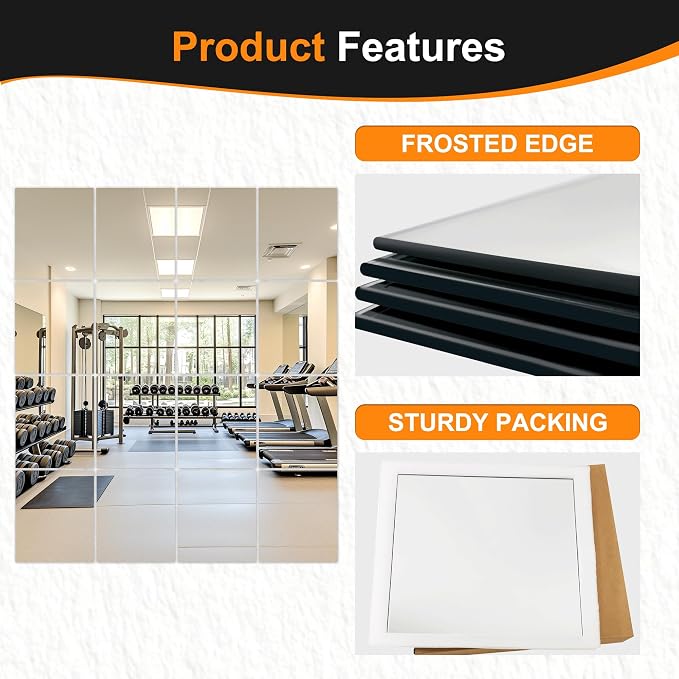 Delma Home Gym Mirror Tiles, 14'' x 12'' Glass Frameless Mirror | 16 PCS, For Home Gym, Bedroom, Door, Bathroom