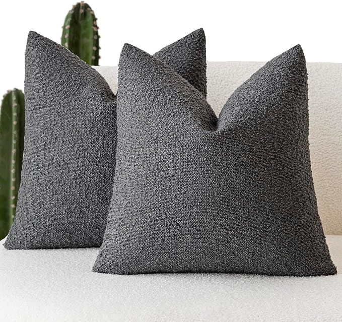 Foindtower Set of 2, Decorative Textured Boucle Throw Pillow Covers Accent Solid Pillow Cases Neutral Soft Cozy Couch Cushion Case for Chair Sofa Bedroom Living Room Home Decor 26 x 26 Inch Dark Grey