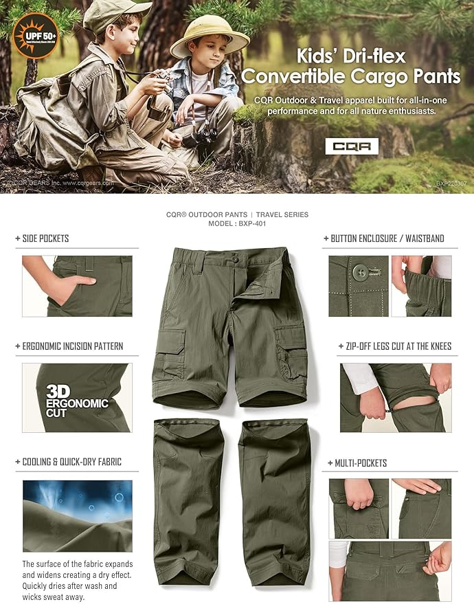 CQR Kids Youth Hiking Cargo Pants, UPF 50+ Quick Dry Convertible Zip Off Pants, Outdoor Camping Pants