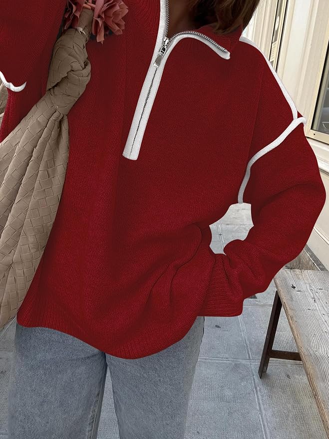 ANRABESS Womens Quarter Zip Sweaters Fall Long Sleeve V Neck Shirts Collared Business Casual Tops Knit Pullover Sweatshirts