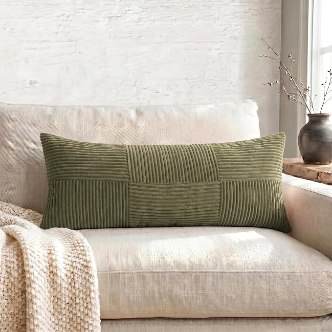 Fancy Homi Set of 2 Olive Green Boho Long Lumbar Body Decorative Throw Pillow Cover 14x36 Inch for Bed Couch Bedroom Bench, Soft Patchwork Corduroy Textured Pillow Case, Rustic Farmhouse Room Décor