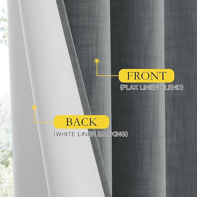 NICETOWN 100% Absolutely Blackout Linen Curtains with Thermal Insulated White Liner, Dove Grey, W62, 2 Pieces, Noise Reducing Textured Linen Look Curtains for Windows 95 inch Length for Classroom