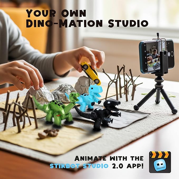 Zing Stikbot MEGA Dino 3 Pack - Includes Brontosaurus, T-Rex, and Carnotaurus, Create Stop Motion Animation, for Ages 4 and Up (Ice Blue, Space Black, Metallic Red)