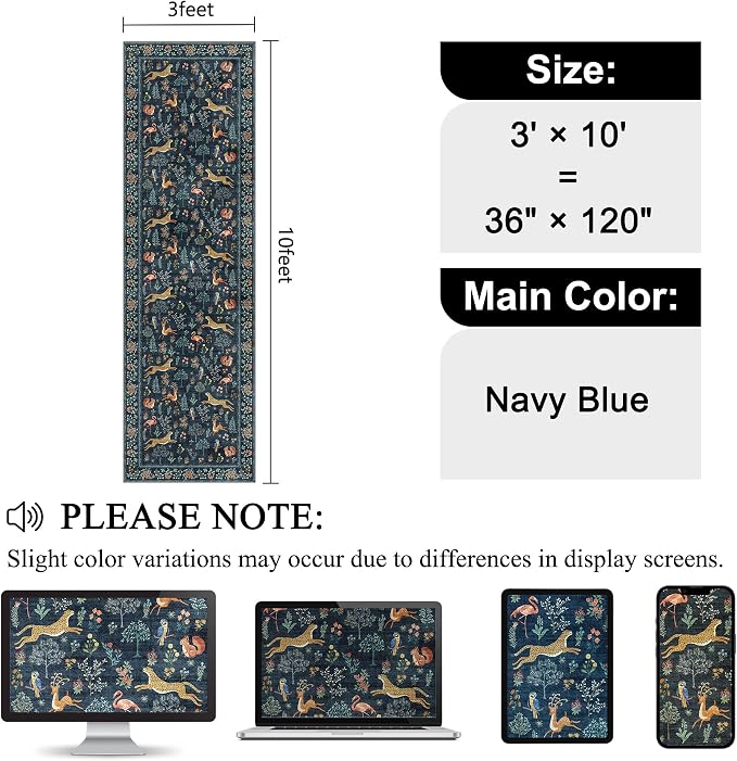 DUKINO 3x10 Washable Runner Rug, Non Slip Animal Rug for Hallway, Navy Blue | Low Pile, Stain Resistant, Soft Thin Indoor Rug Runner for Kitchen, Entryway, Bedroom, Bathroom, Pet Friendly, Non-Shedding