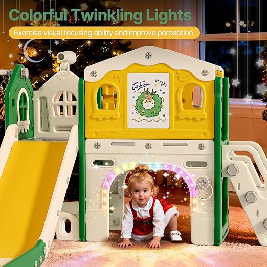 BIERUM 9 in 1 Toddler Slide Set - Baby Slide for Toddlers 1-3 with Colorful Lights, Drawing Board and Building Blocks Board, Indoor Outdoor Toddler Playset Playground, Green Yellow