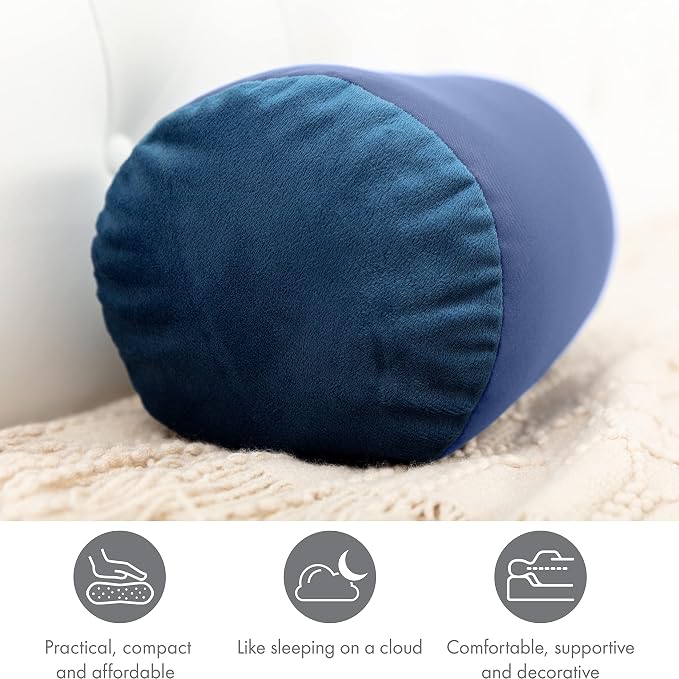 Microbead Bolster Neck Roll Pillow, Gently On Body, Head, Neck & Shoulders No Pain Rest, Relax Sleep - Silky Feel Prevent Wrinkles & Hair Breakage - Lightweight Cylinder Tube, 14" x 8", Peacock Blue