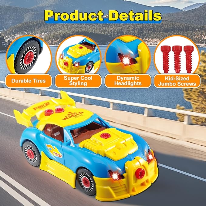Pup Go Construction Toys for Boys Age 3-8, Take Apart Toy Car Racing, 30 Pieces Building Toys with Electric Drill, Build Your Own Car with Realistic Sounds & Lights, STEM Gifts Kids (4 Spare Screws)
