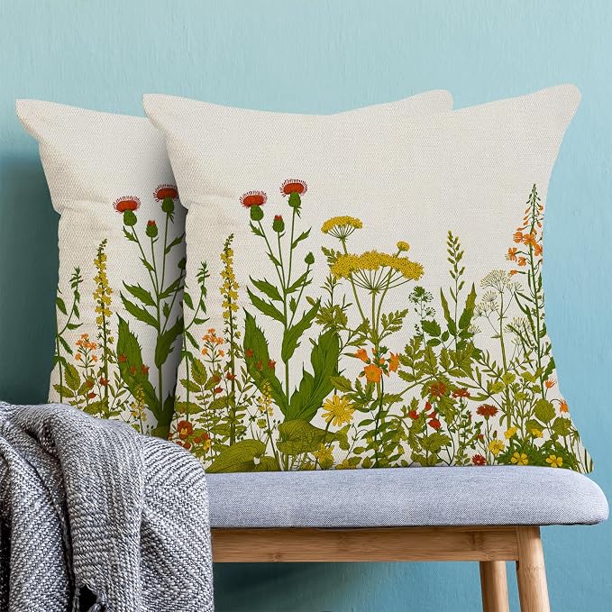 AEIOAE Yellow and Green Pillow Covers 18x18 Inch Set of 2, Spring Wildflower Plant Throw Pillows Case,Seasonal Floral Outdoor Decorative Flowers Farmhouse Decor Cushion Covers for Home Sofa Bed Couch