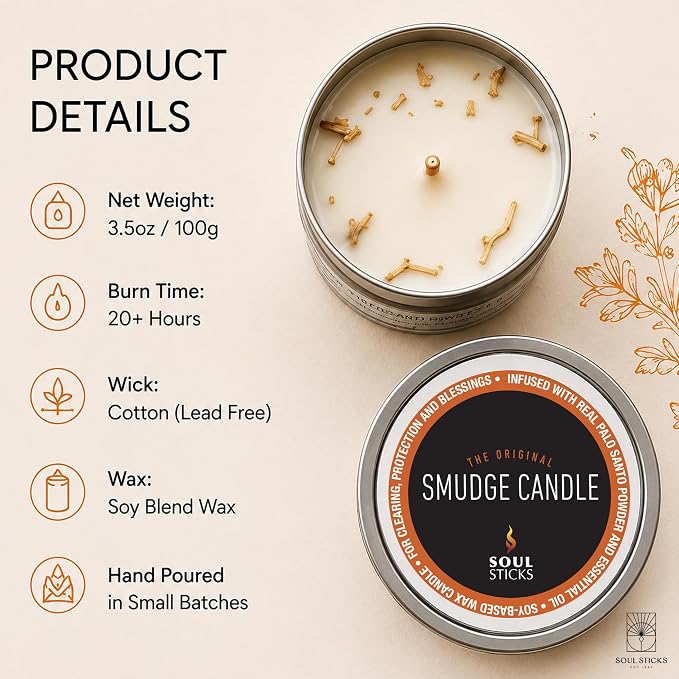 SOUL STICKS Smudge Candle for Cleansing House, Meditation, Chakra Healing, Aromatherapy | 3.5 Ounce Smudge Candle for Spiritual Cleansing (Palo Santo)