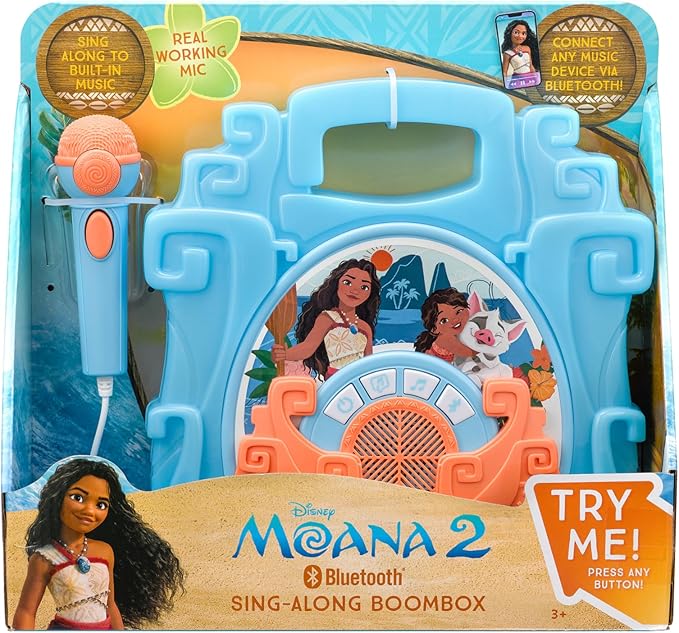 eKids Disney Moana Bluetooth Sing Along Boom Box with Microphone For Fans of Moana Toys, Kids Karaoke Machine with Built in Music and Flashing Lights